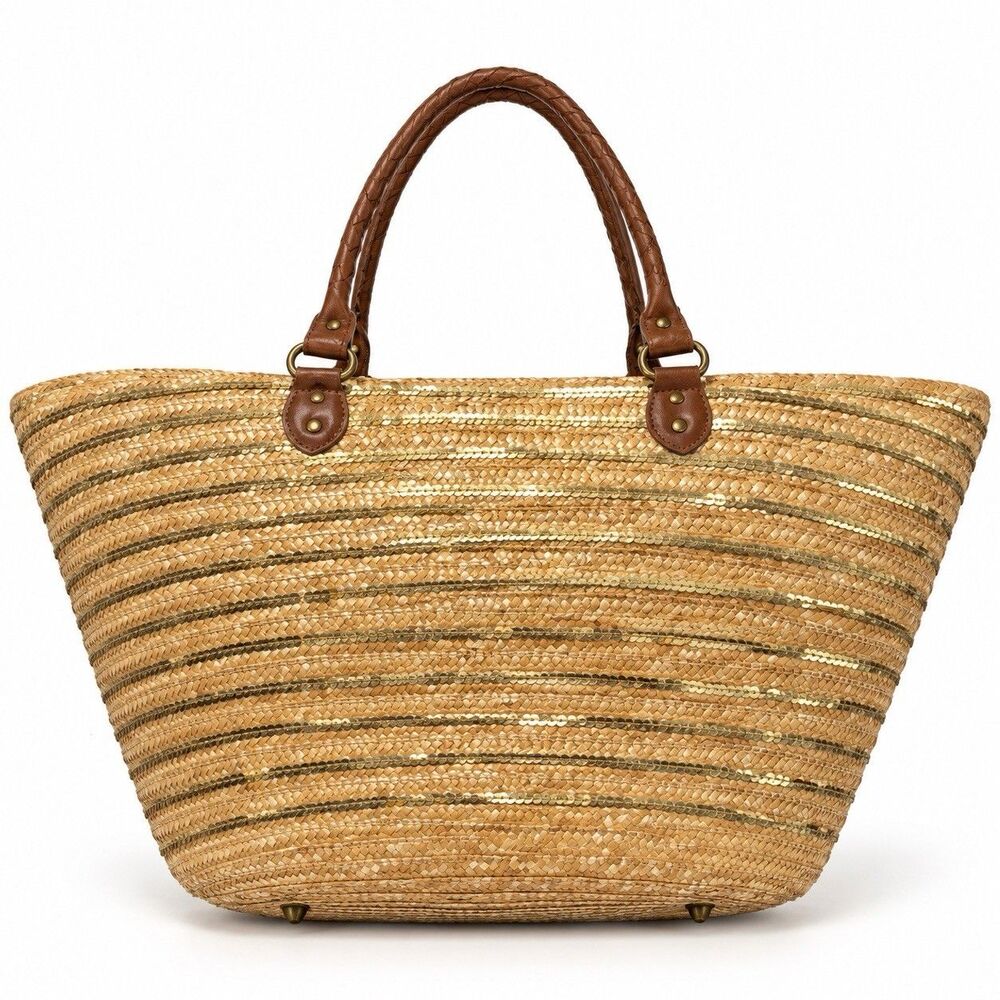 Limited Edition Large Straw Tote Gold Sequin Beach Resort Bag